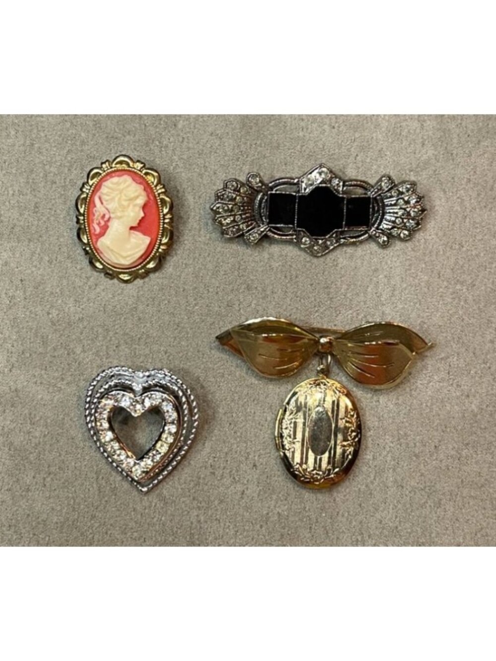Vintage 70s Four Gold-Tone Silver-Tone Brooch Lot Cameo Heart Locket Bar